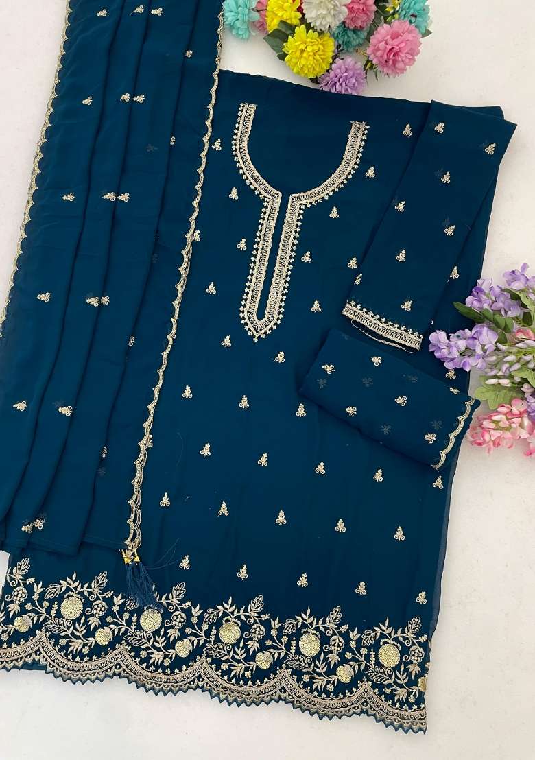 Teal Blue Embroidery Georgette Kurta Set - Indya