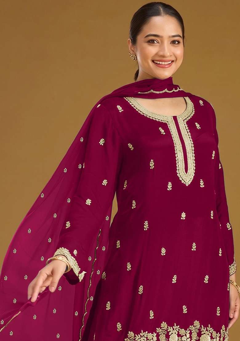 Magenta Embroidery Georgette Kurta Set - Indya