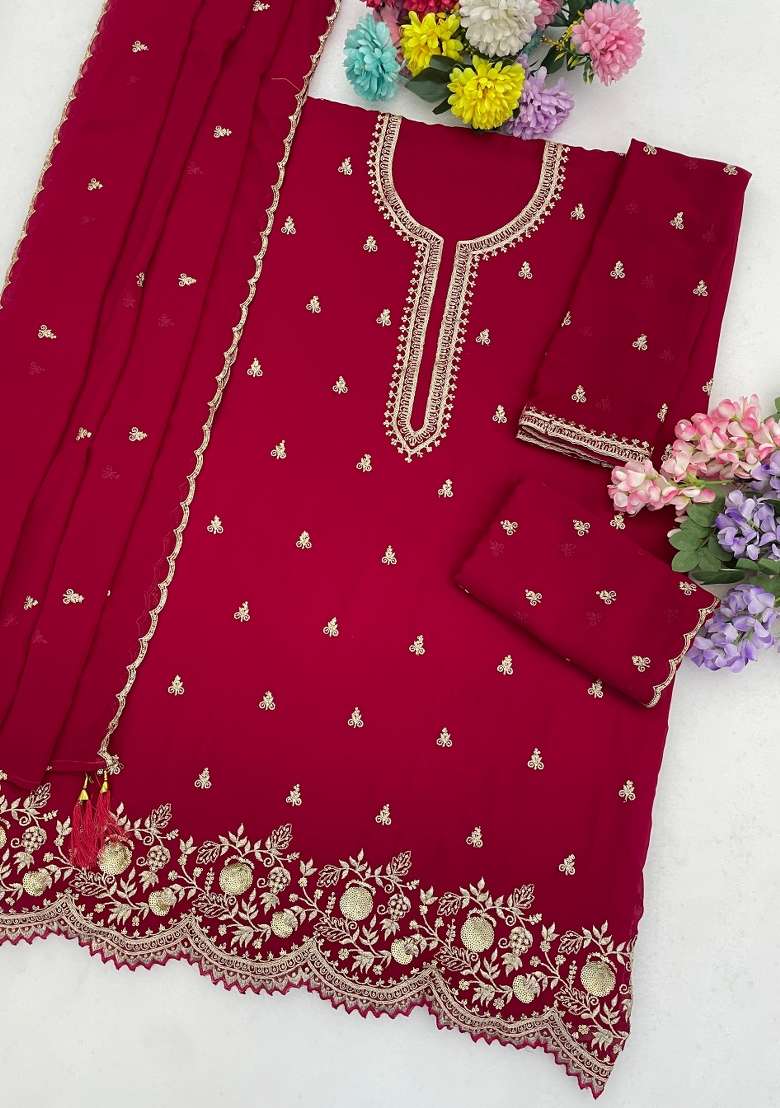 Magenta Embroidery Georgette Kurta Set - Indya