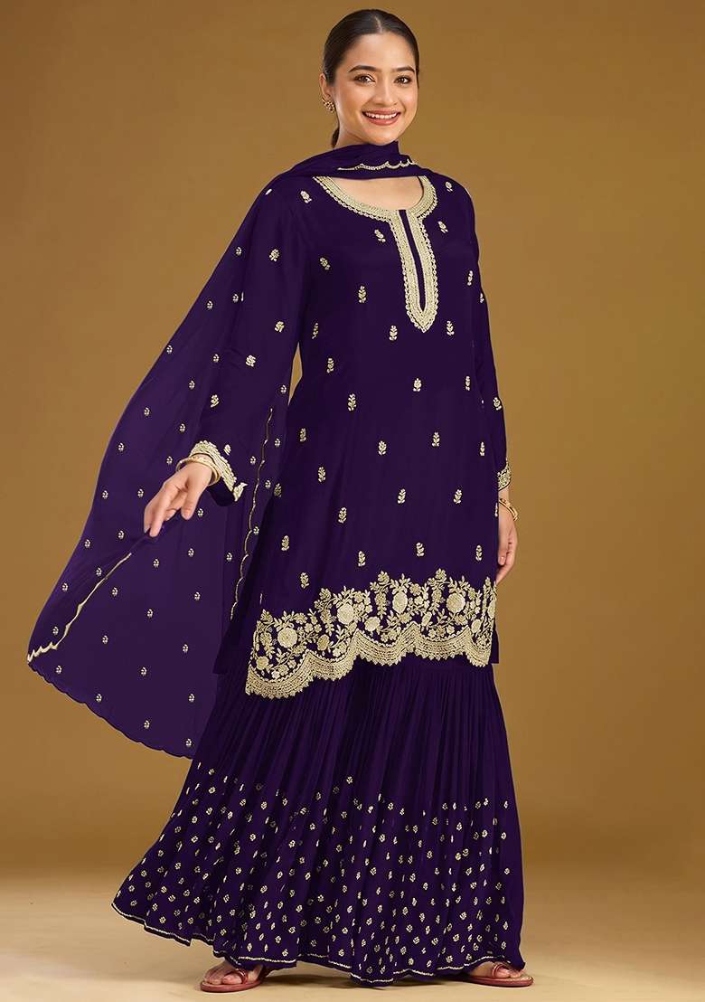 Purple Embroidery Georgette Kurta Set - Indya