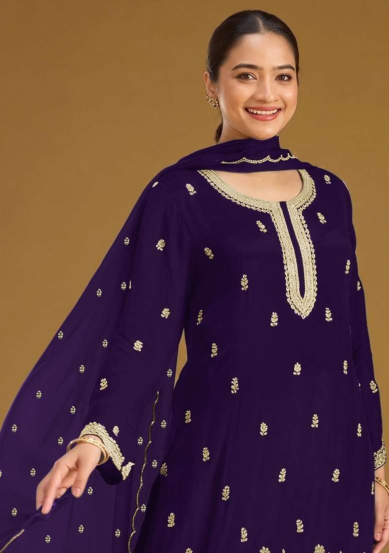 Purple Embroidery Georgette Kurta Set - Indya