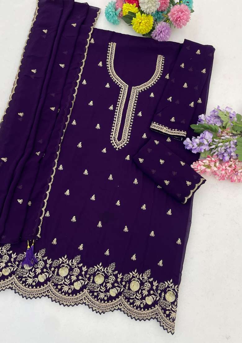 Purple Embroidery Georgette Kurta Set - Indya
