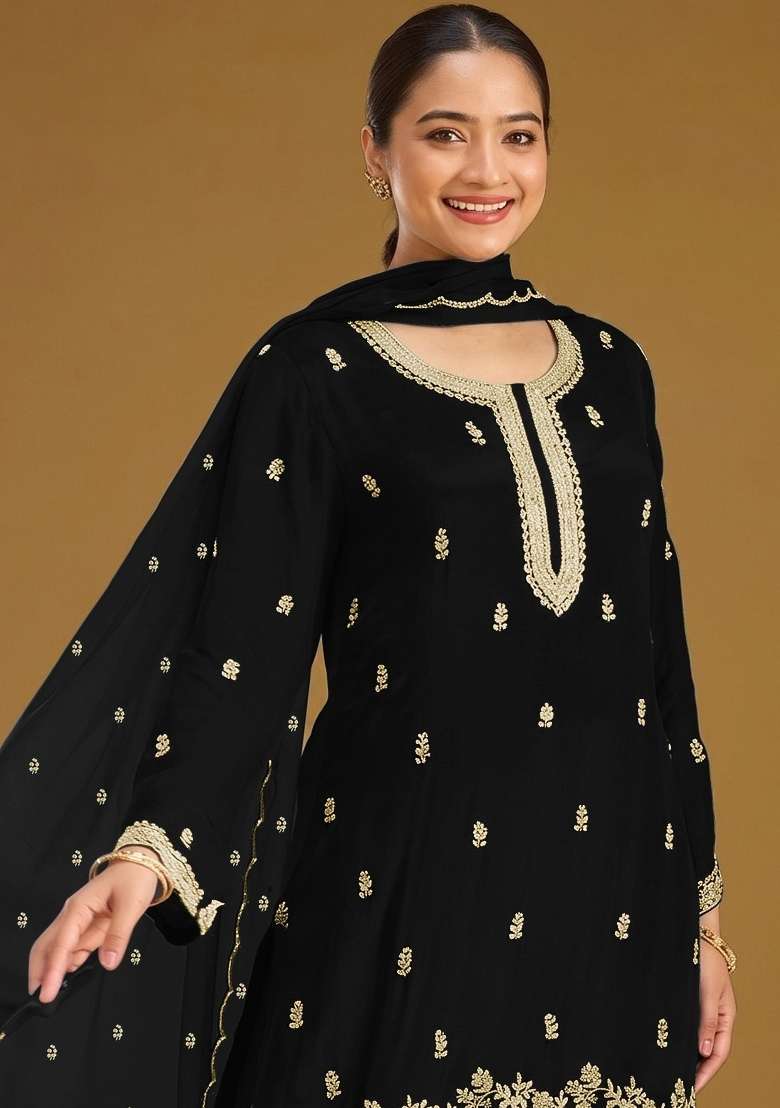 Black Embroidery Georgette Kurta Set - Indya