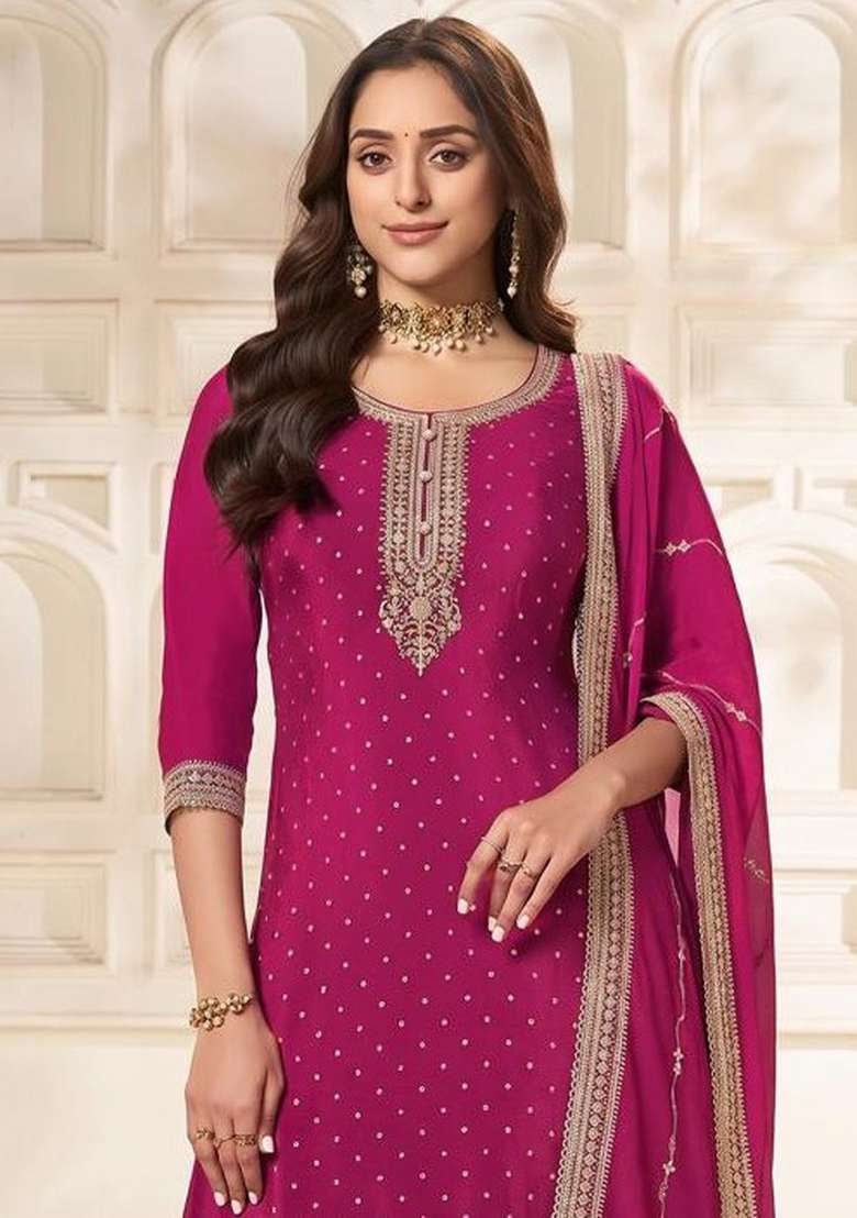 Pink Embroidery Silk Kurta Set - Indya