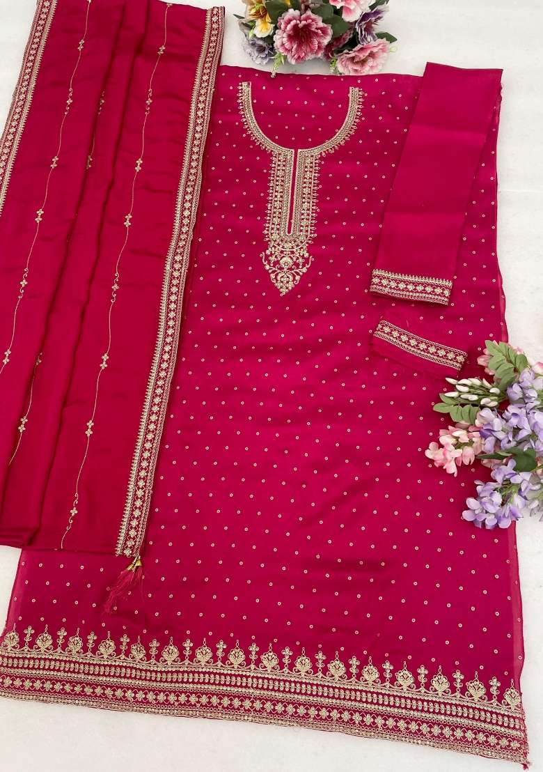 Pink Embroidery Silk Kurta Set - Indya