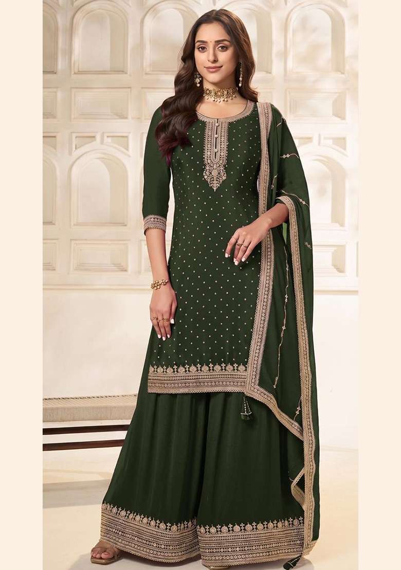 Green Embroidery Silk Kurta Set - Indya