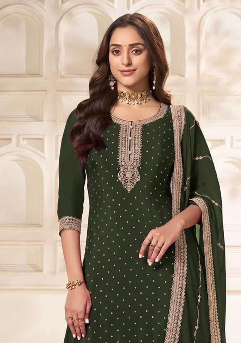 Green Embroidery Silk Kurta Set - Indya