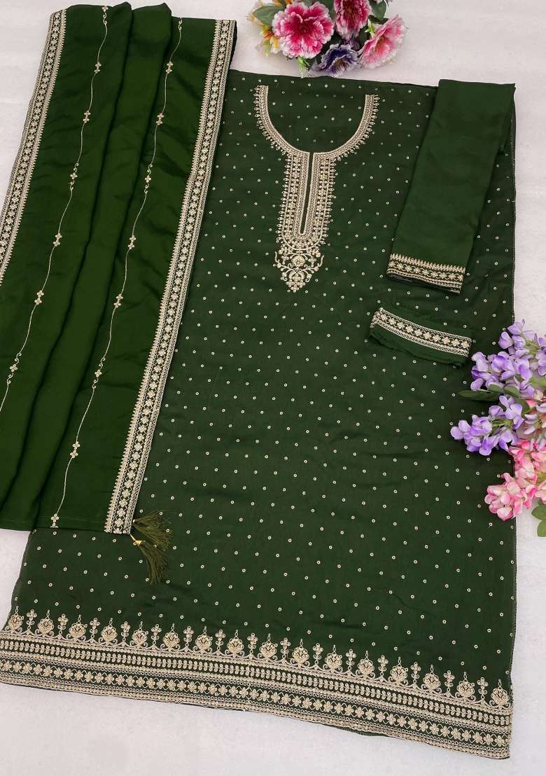 Green Embroidery Silk Kurta Set - Indya