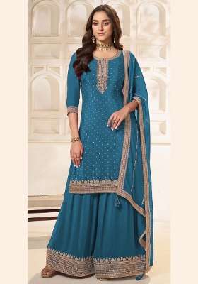 Sky Blue Embroidery Silk Kurta Set