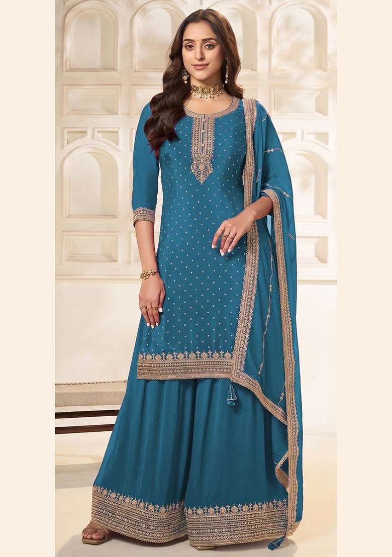 Sky Blue Embroidery Silk Kurta Set - Indya