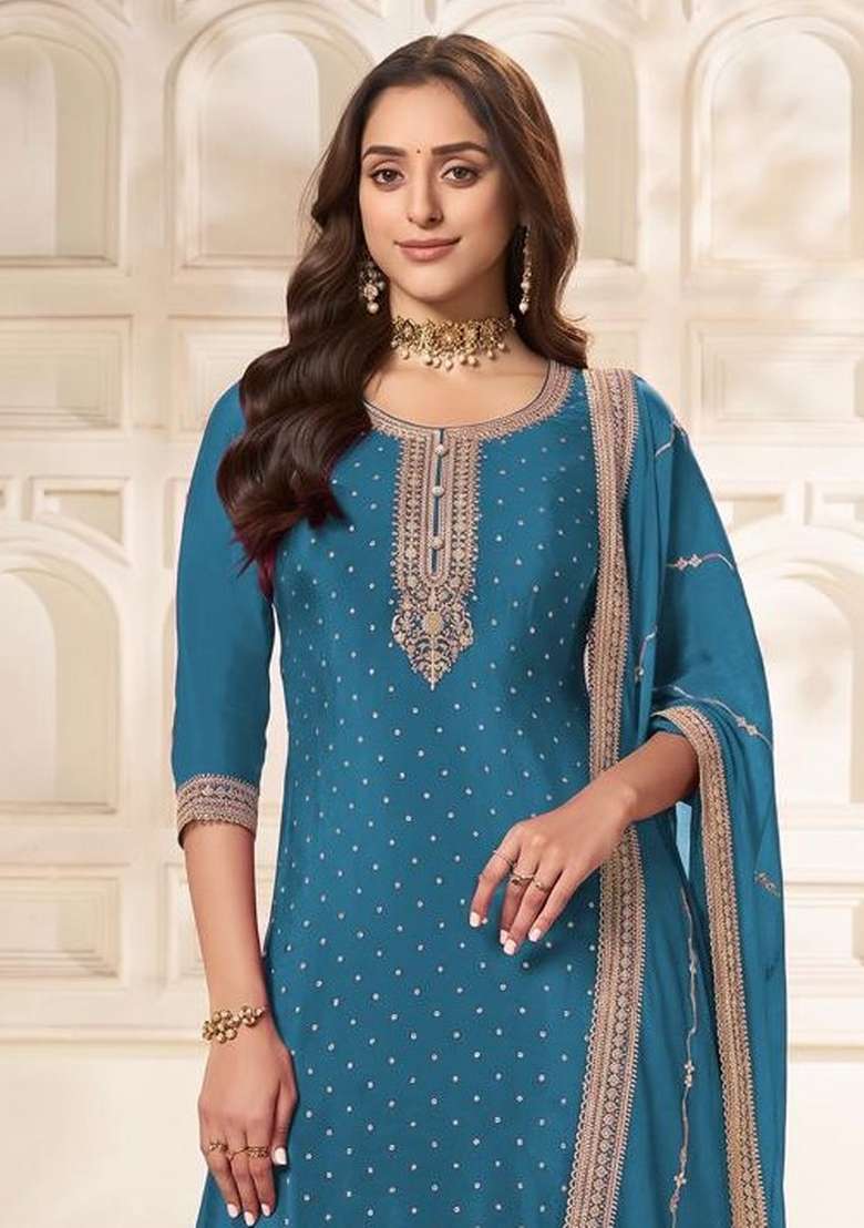 Sky Blue Embroidery Silk Kurta Set - Indya