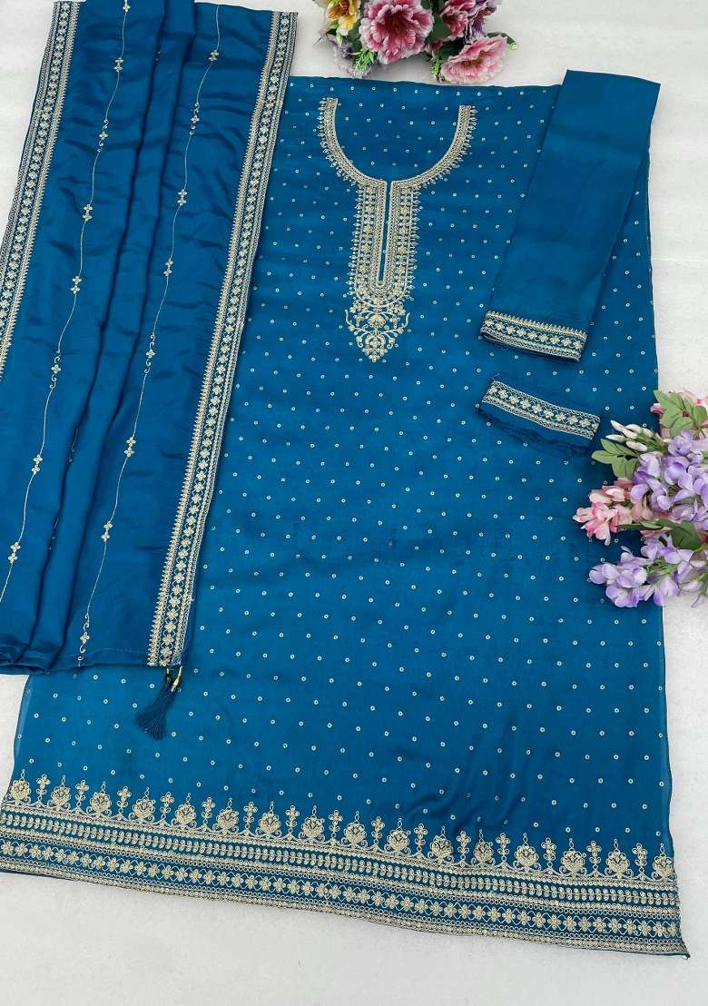 Sky Blue Embroidery Silk Kurta Set - Indya