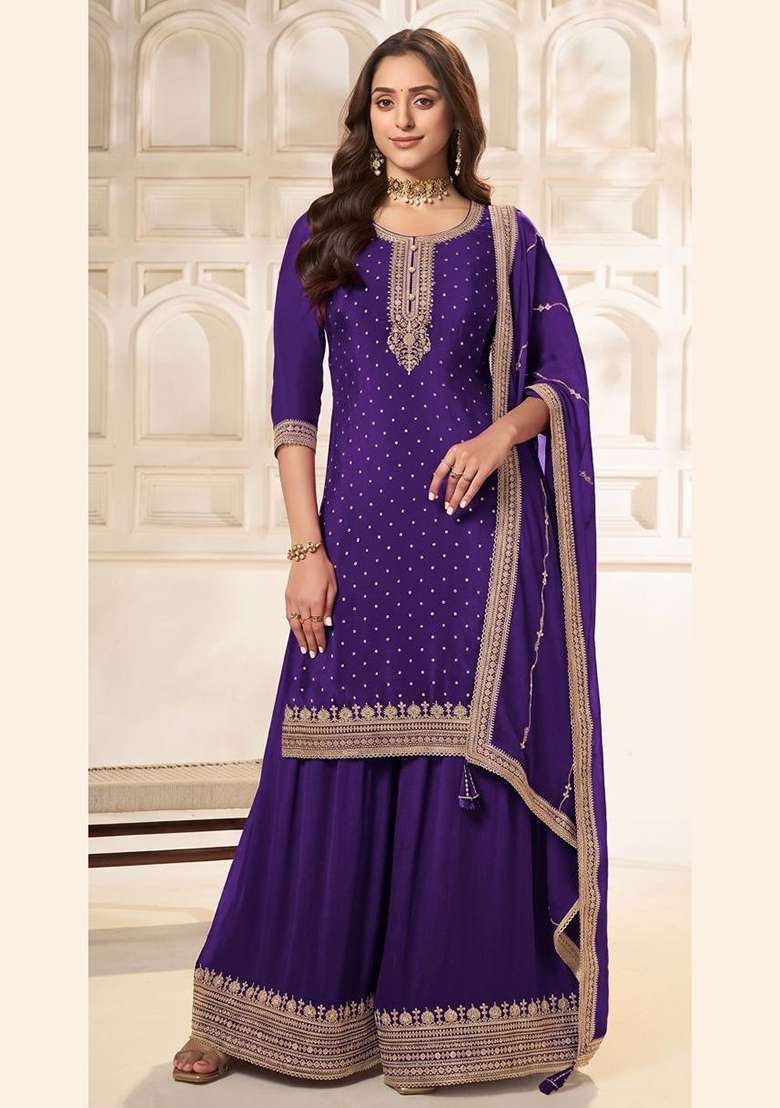 Purple Embroidery Silk Kurta Set - Indya