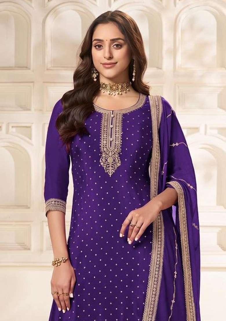 Purple Embroidery Silk Kurta Set - Indya