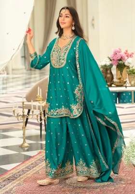 Teal Embroidery Chinon Kurta Set