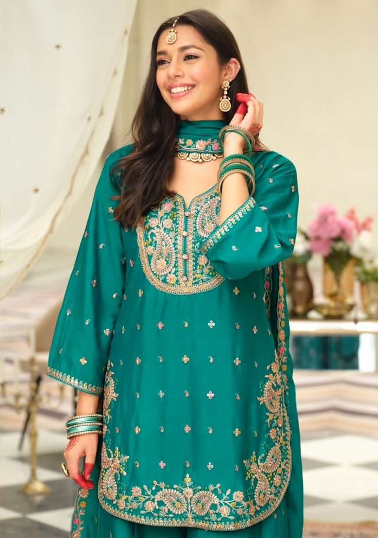 Teal Embroidery Chinon Kurta Set - Indya