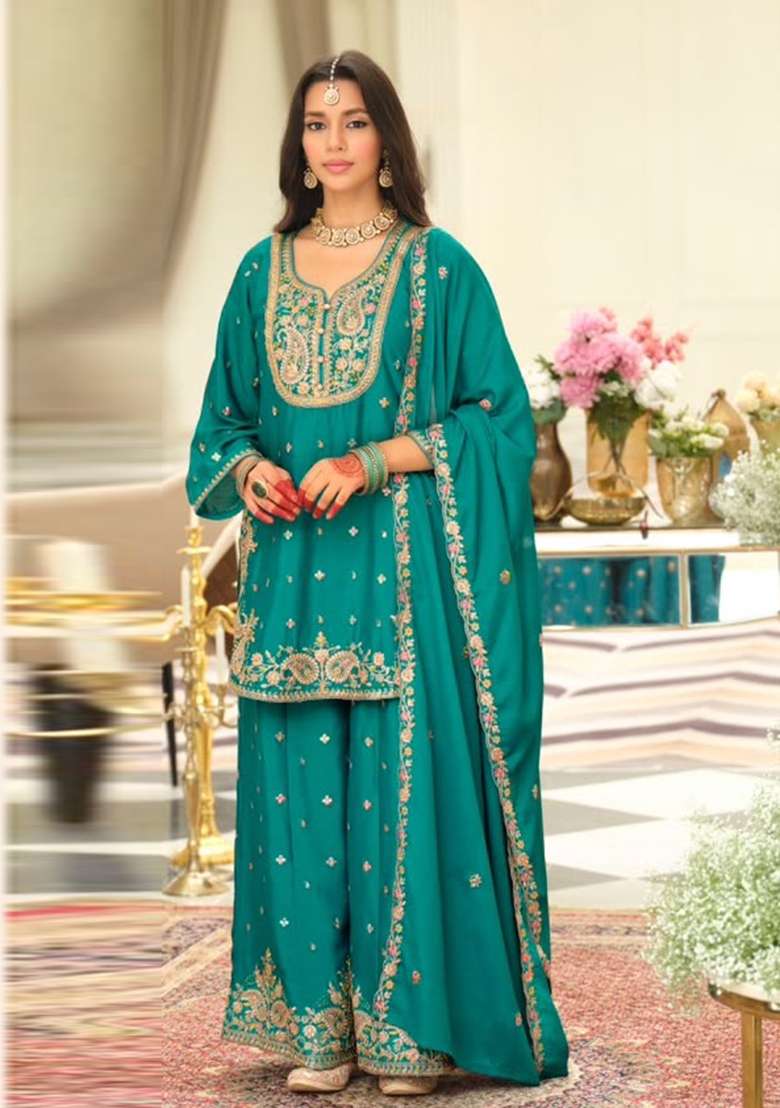 Teal Embroidery Chinon Kurta Set - Indya