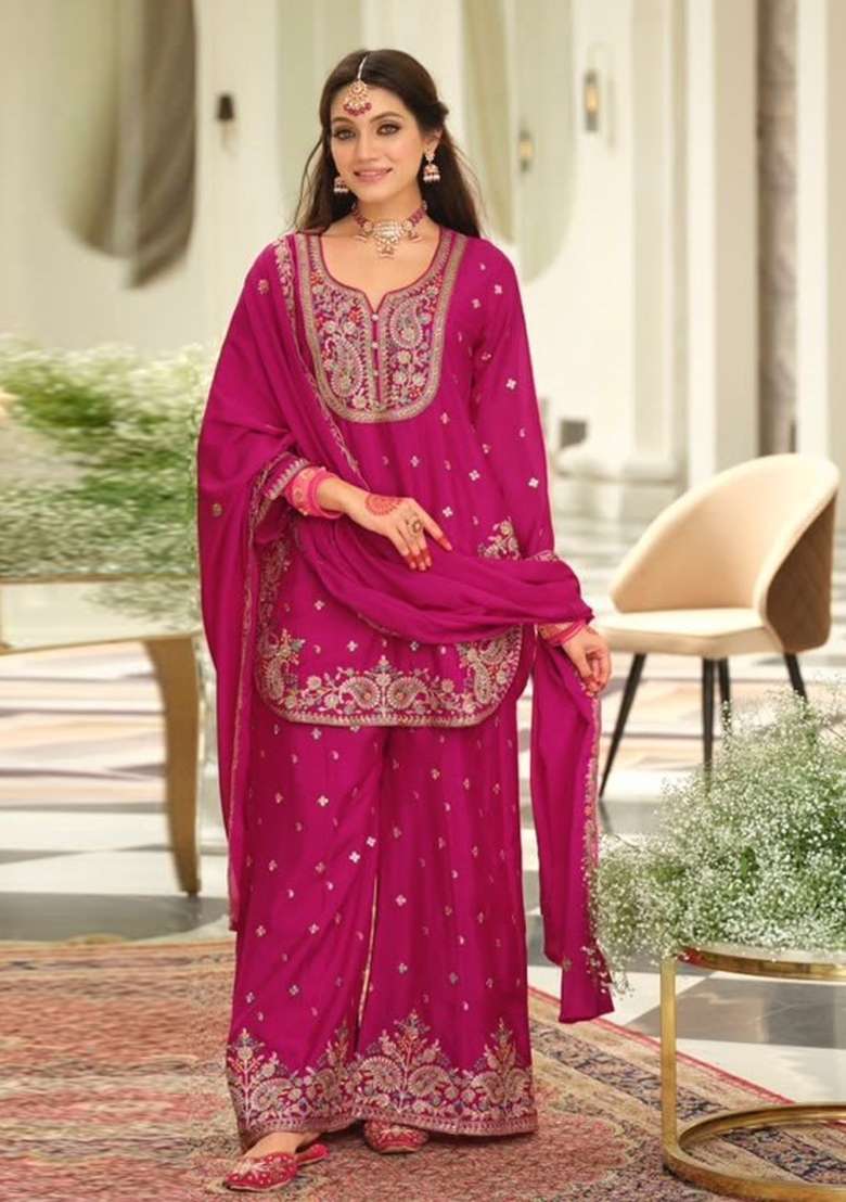 Pink Embroidery Chinon Kurta Set - Indya