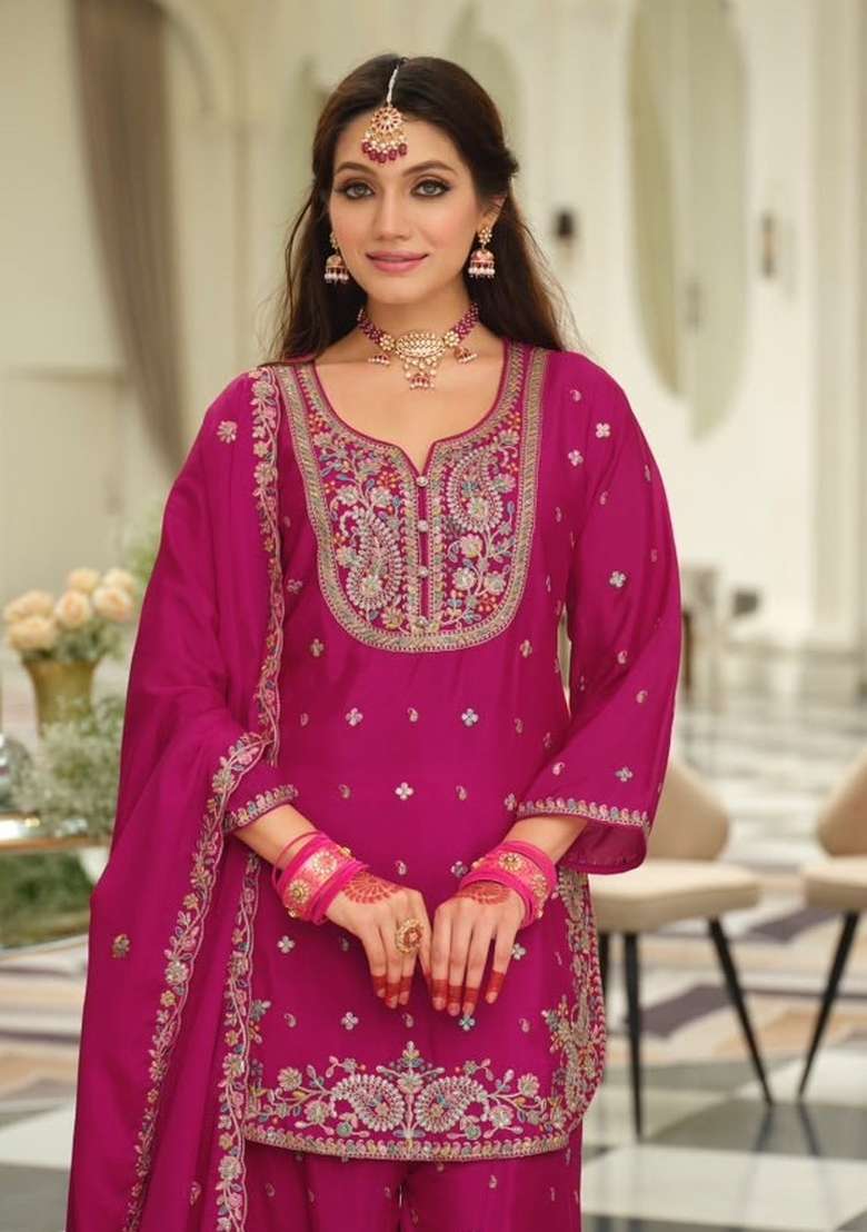 Pink Embroidery Chinon Kurta Set - Indya