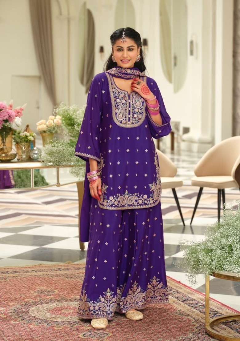 Purple Embroidery Chinon Kurta Set - Indya
