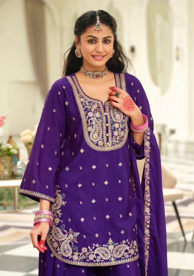 Purple Embroidery Chinon Kurta Set - Indya