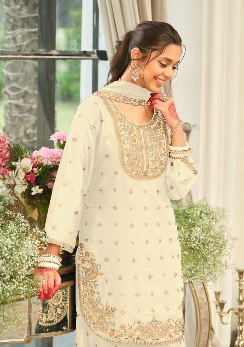 White Embroidery Chinon Kurta Set - Indya