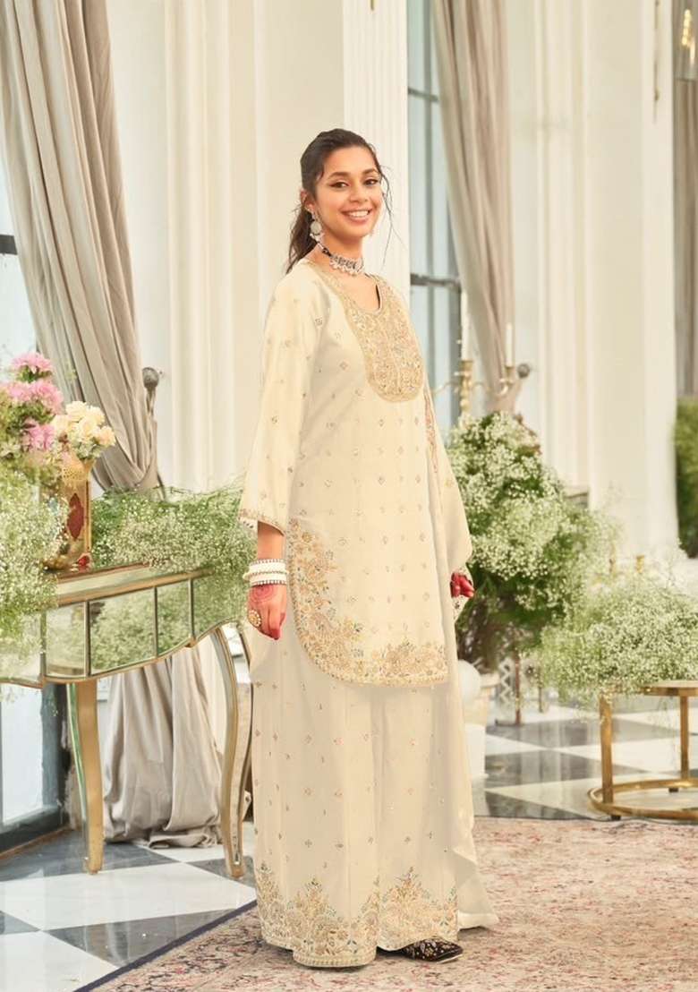 White Embroidery Chinon Kurta Set - Indya