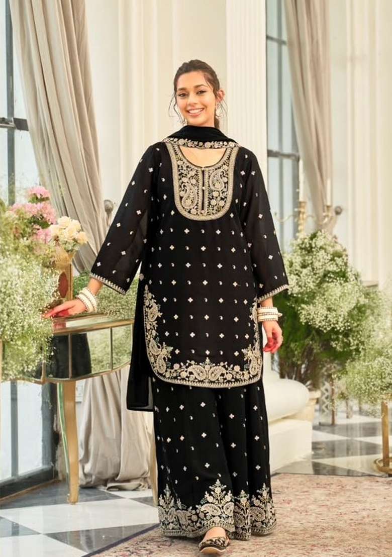 Black Embroidery Chinon Kurta Set - Indya
