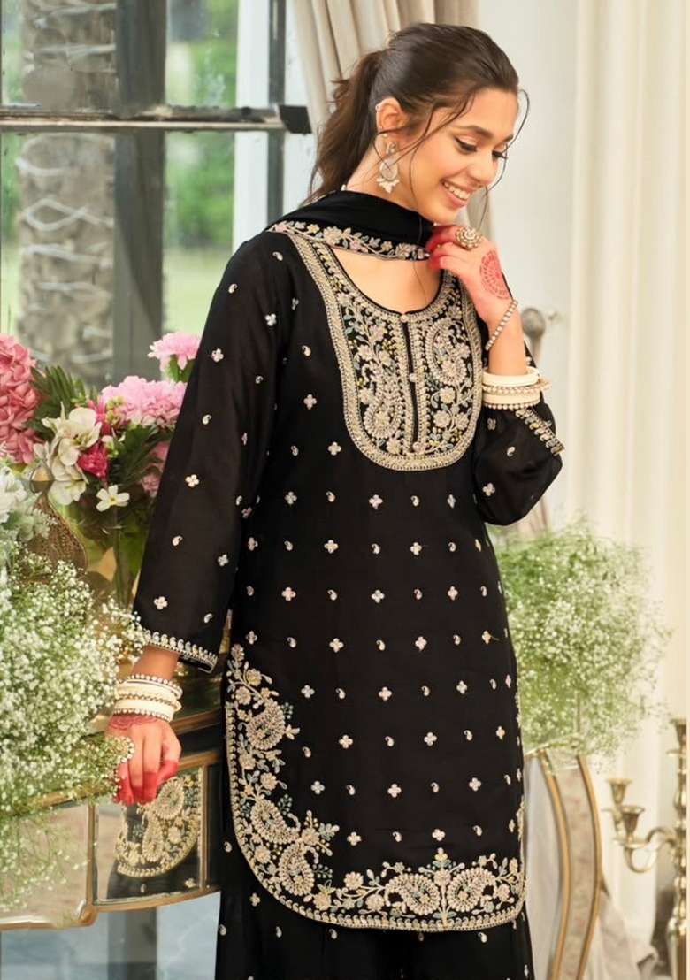 Black Embroidery Chinon Kurta Set - Indya