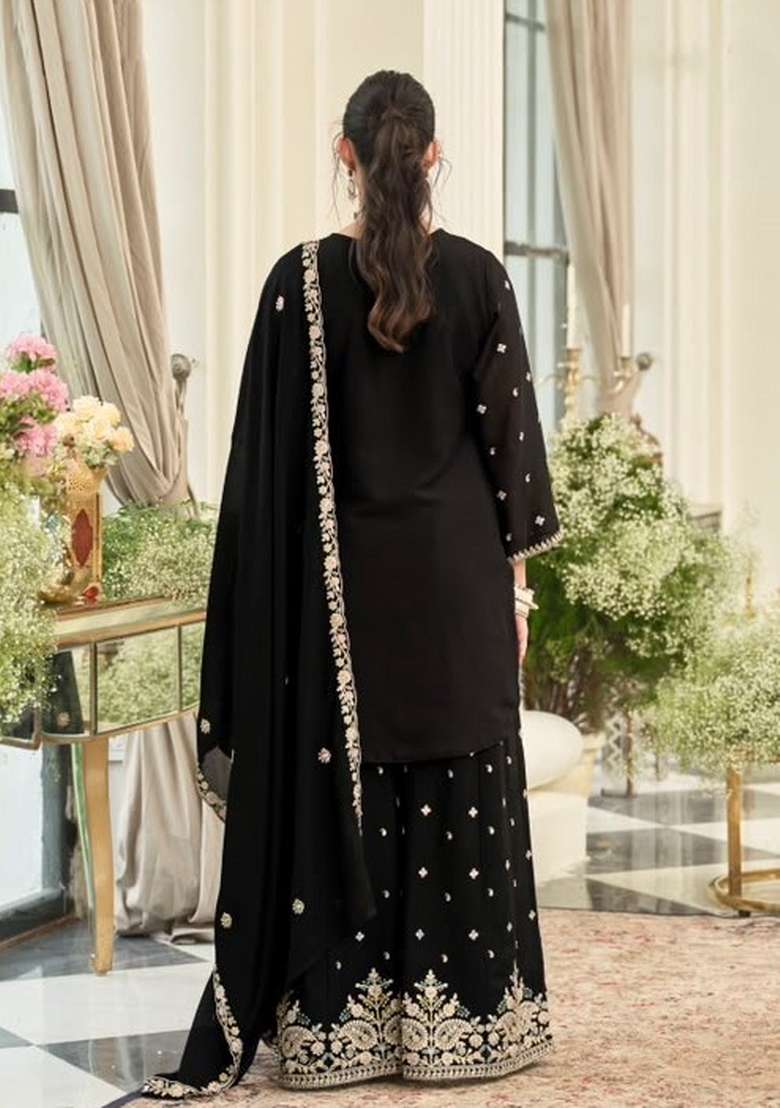 Black Embroidery Chinon Kurta Set - Indya