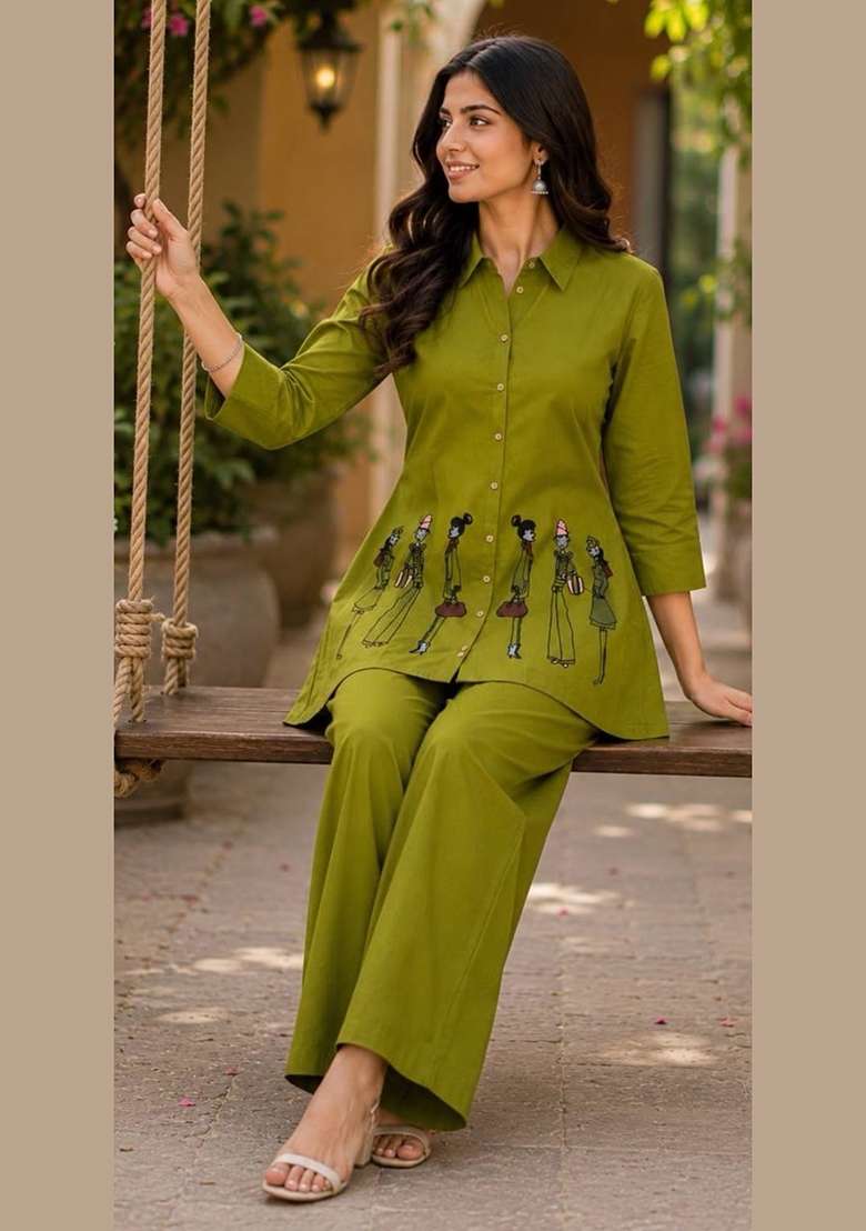 Green Embroidery Cotton Kurta Set - Indya