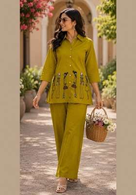Yellow Embroidery Cotton Kurta Set