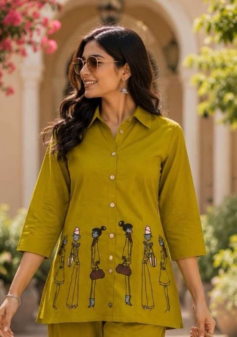 Yellow Embroidery Cotton Kurta Set - Indya