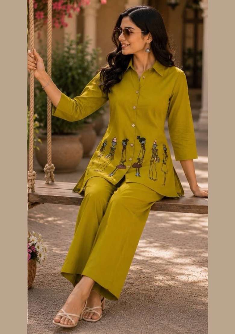 Yellow Embroidery Cotton Kurta Set - Indya