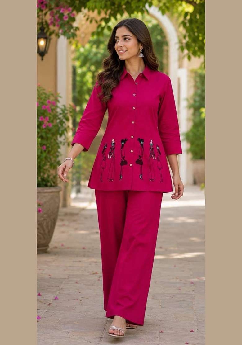 Pink Embroidery Cotton Kurta Set - Indya