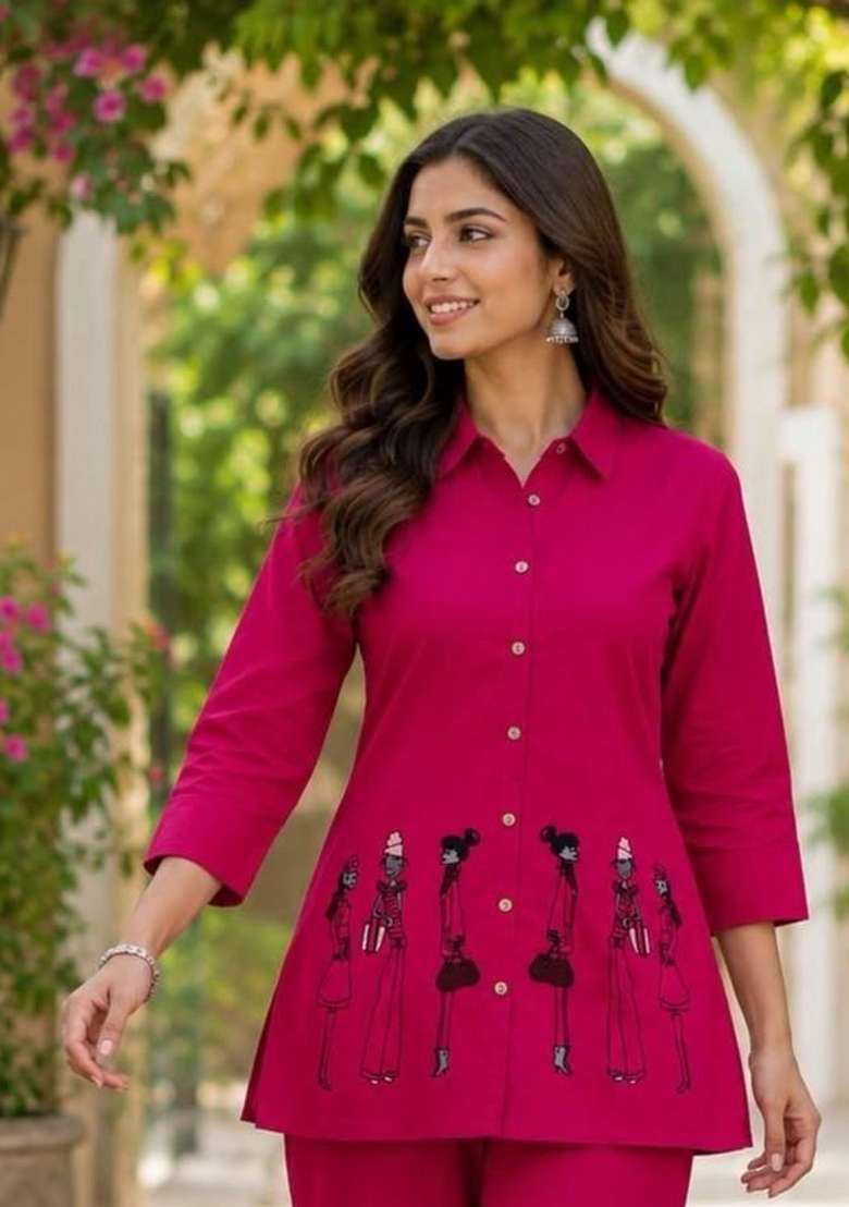 Pink Embroidery Cotton Kurta Set - Indya