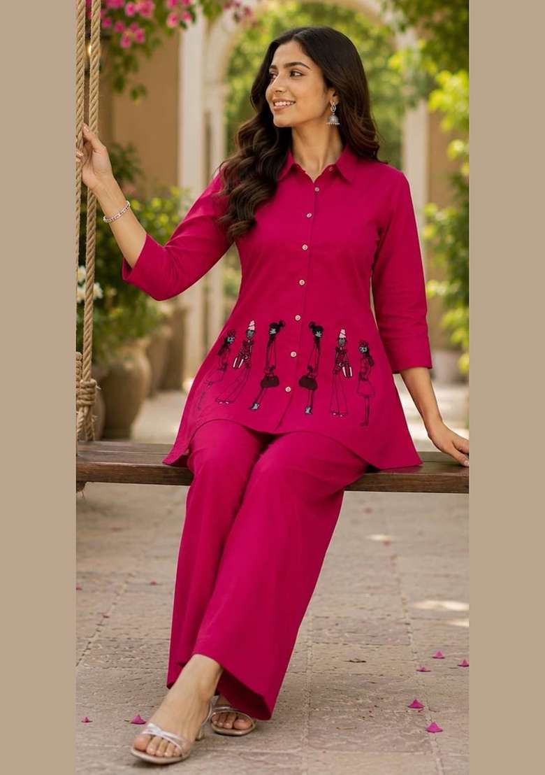 Pink Embroidery Cotton Kurta Set - Indya