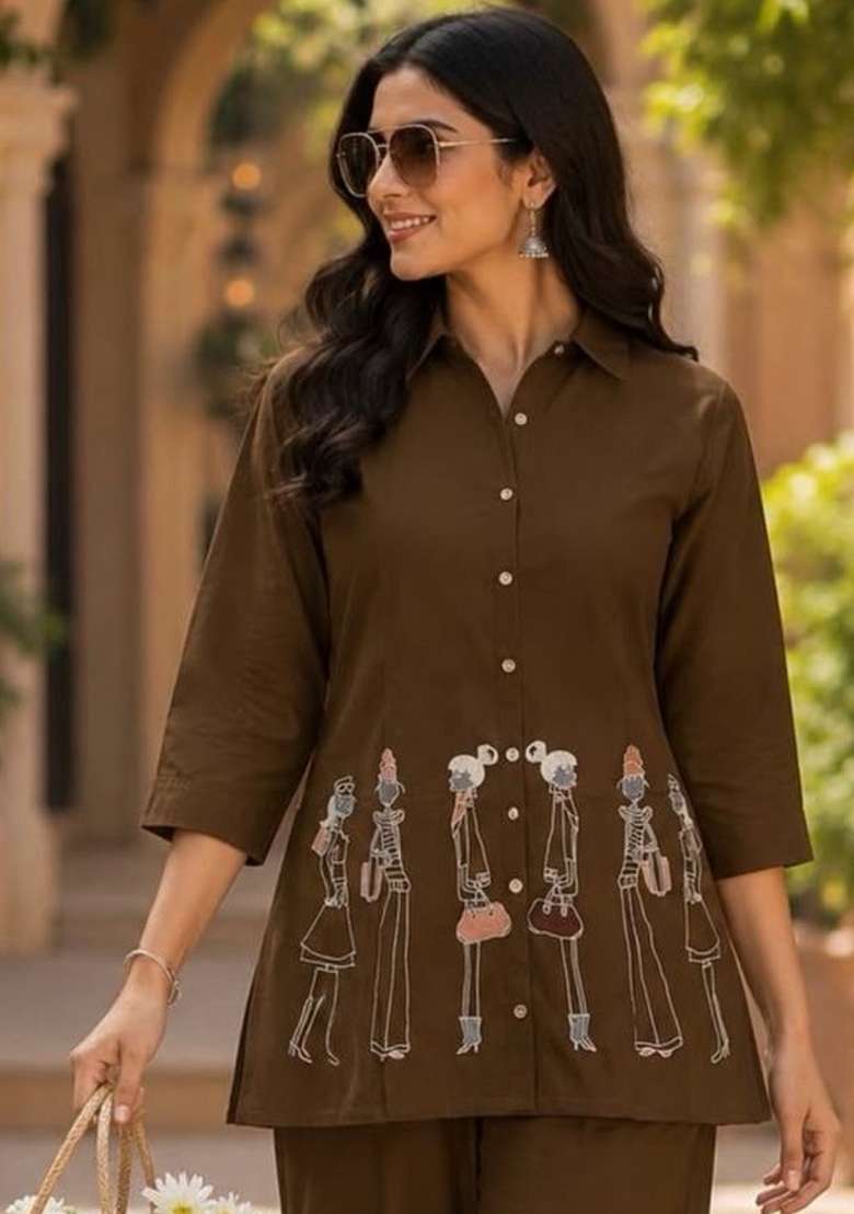 Brown Embroidery Cotton Kurta Set - Indya