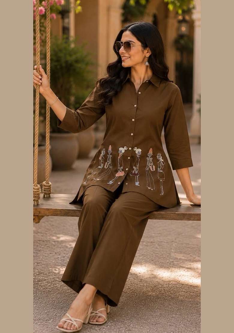 Brown Embroidery Cotton Kurta Set - Indya