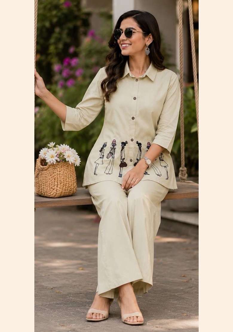 White Embroidery Cotton Kurta Set - Indya