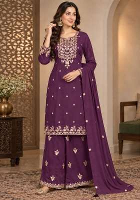 Purple Embroidery Chinon Kurta Set