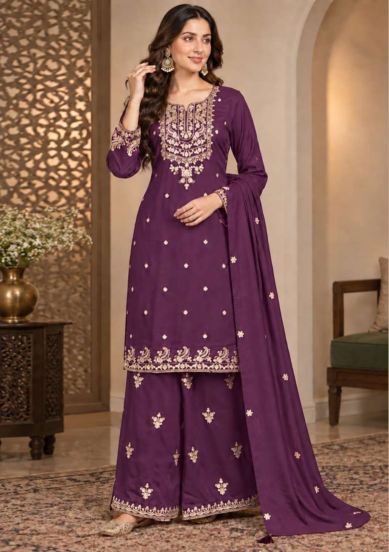 Purple Embroidery Chinon Kurta Set - Indya