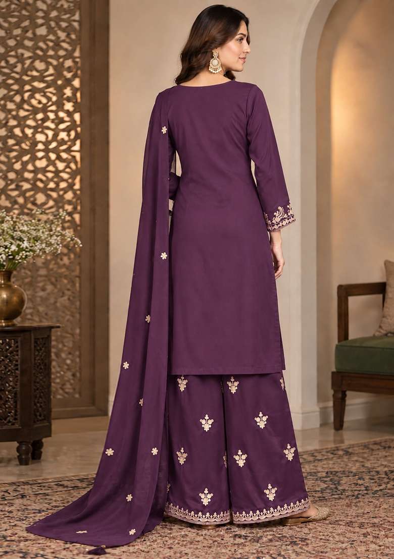 Purple Embroidery Chinon Kurta Set - Indya