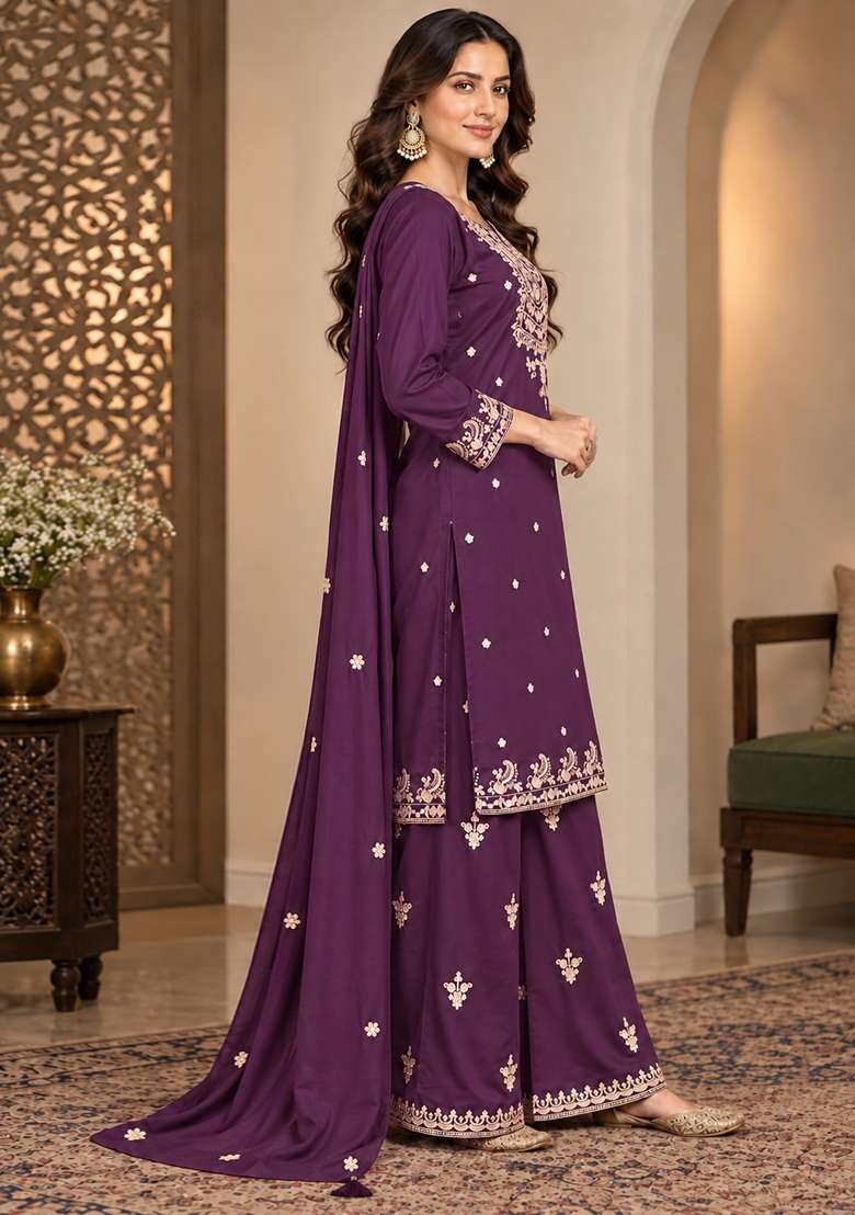 Purple Embroidery Chinon Kurta Set - Indya