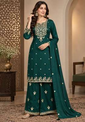 Bottle Green Embroidery Chinon Kurta Set