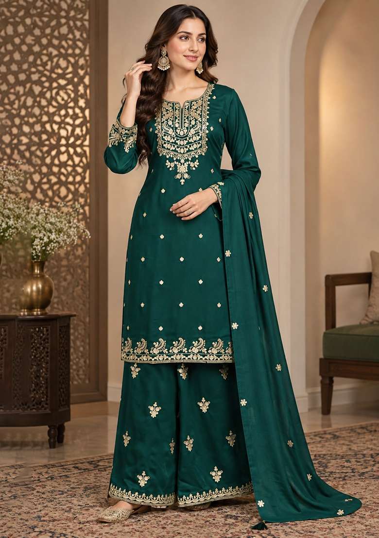 Bottle Green Embroidery Chinon Kurta Set - Indya