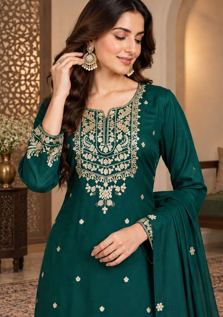 Bottle Green Embroidery Chinon Kurta Set - Indya