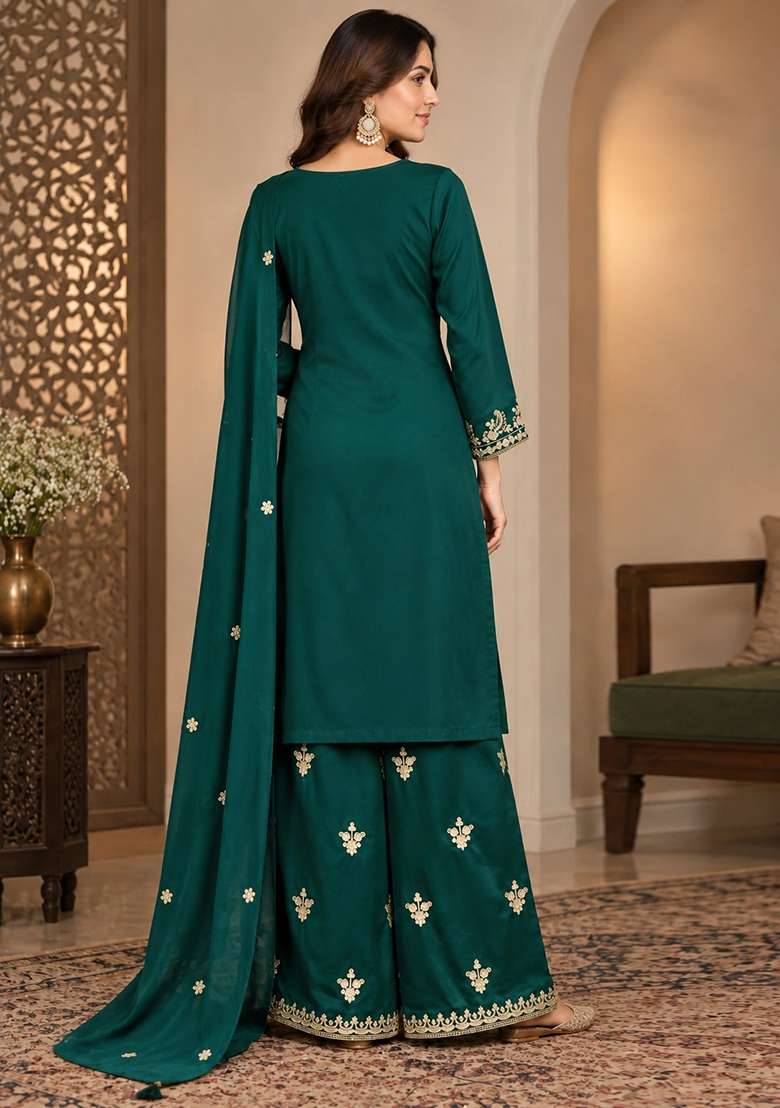 Bottle Green Embroidery Chinon Kurta Set - Indya