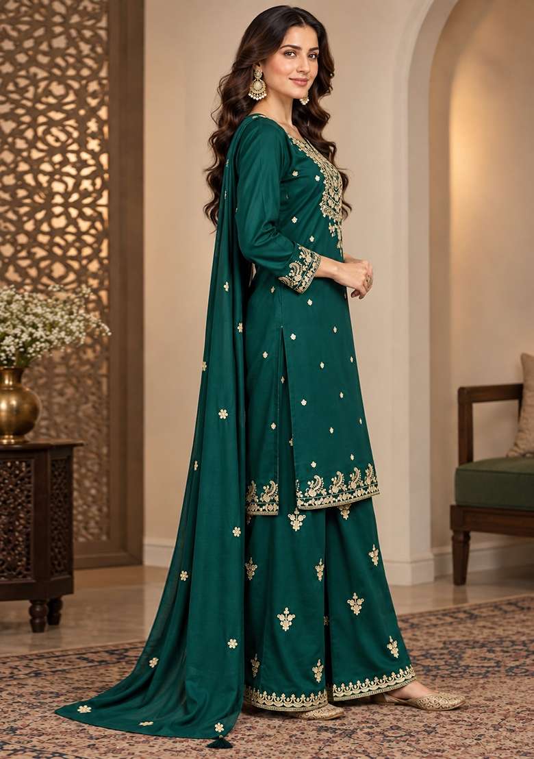 Bottle Green Embroidery Chinon Kurta Set - Indya