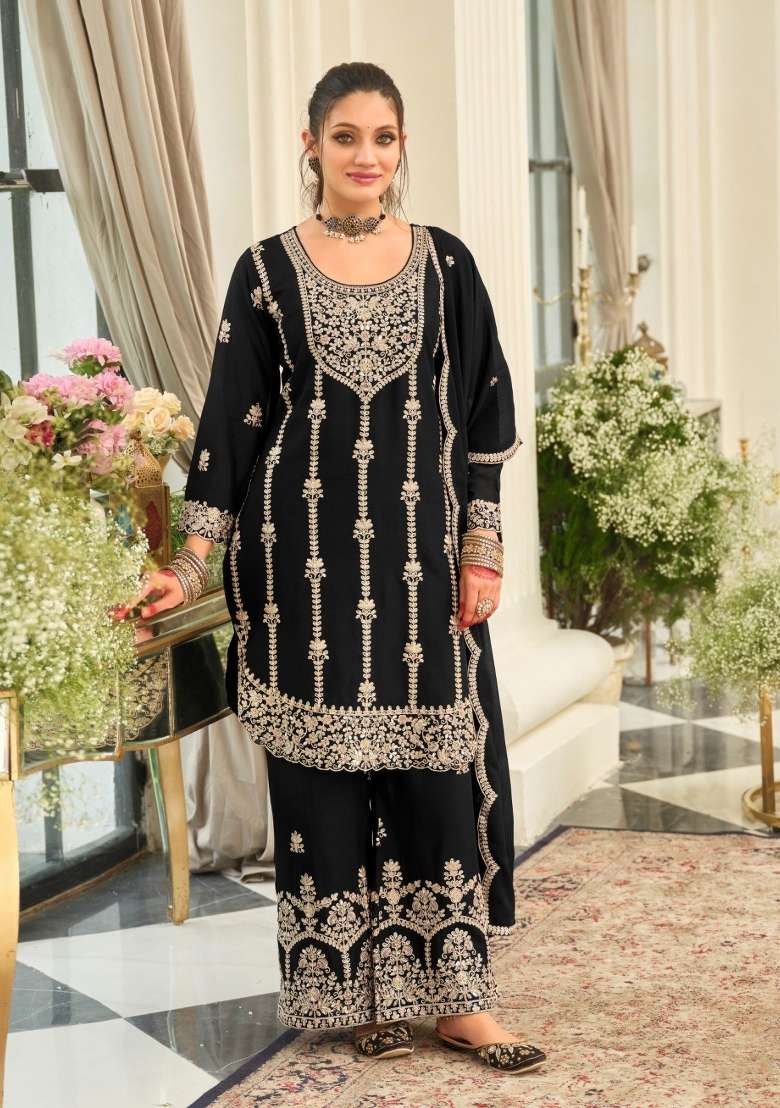 Black Embroidery Chinon Kurta Set - Indya